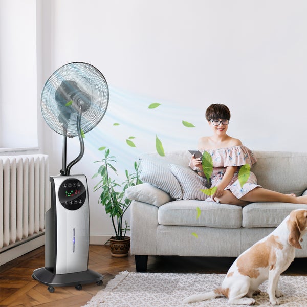 Luftbefeuchter mit Ventilator in einem Wohnzimmer mit einer Frau und einem Hund auf einem Sofa.