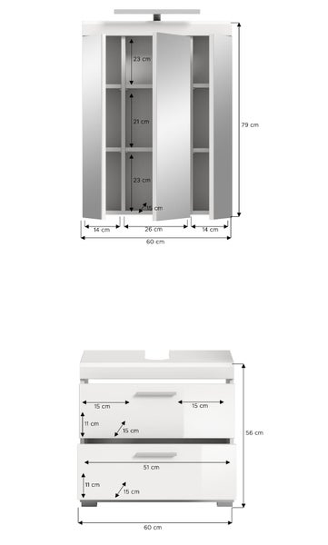 Maßzeichnung für Spiegelschrank und Waschbeckenunterschrank mit Angaben zu Höhe, Breite und Tiefe in Zentimeter.