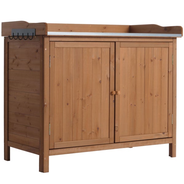 Gartenschrank aus Holz mit zwei Türen und Metalloberfläche