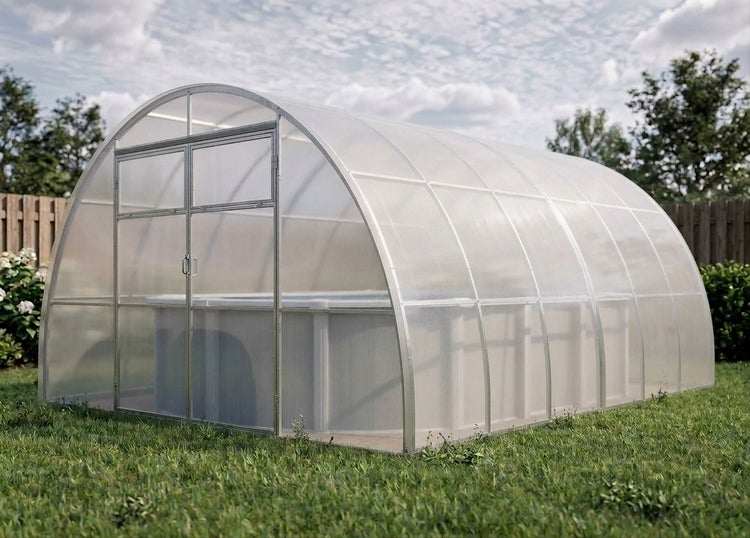 Eine halbkreisförmige Poolüberdachung aus Polycarbonat in einem Garten mit Zugangstür.