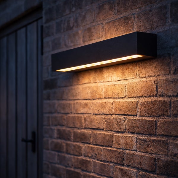 Rechteckige Außenwandleuchte im modernen Design an einer Ziegelwand mit nach unten gerichtetem Lichtschein.
