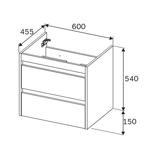 Technische Zeichnung eines Waschtischunterschranks mit Schubladen und Maßangaben
