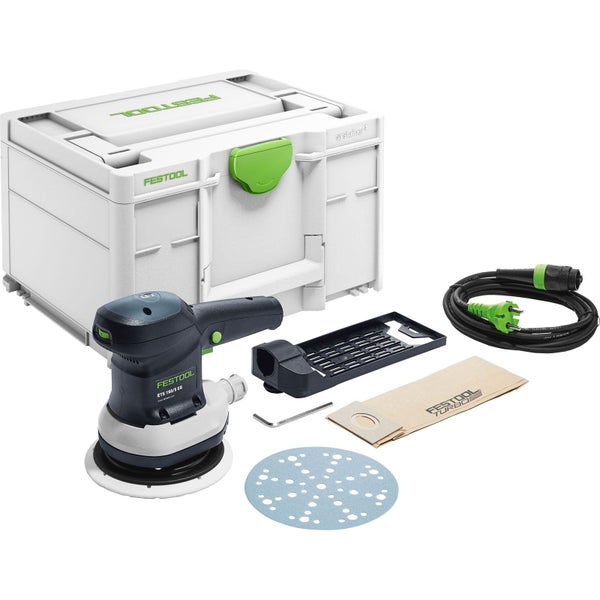 Festool Exzenterschleifer ETS 150/5 EQ Set mit Systainer, Anschlusskabel, Filtersack, Schleifscheibe und Zubehör.