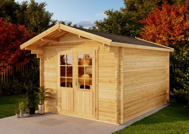 Alpholz Gartenhaus Nele-44 ISO Gartenhaus aus Holz, Holzhaus mit 44 mm Wandstärke, Blockbohlenhaus mit Montagematerial, Naturbelassen 3,2x4,2m