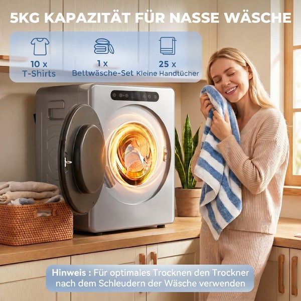 Kompakter Wäschetrockner mit 5 Kilogramm Kapazität auf einer Arbeitsplatte in einem hellen Raum mit einer Frau, die ein Handtuch hält.