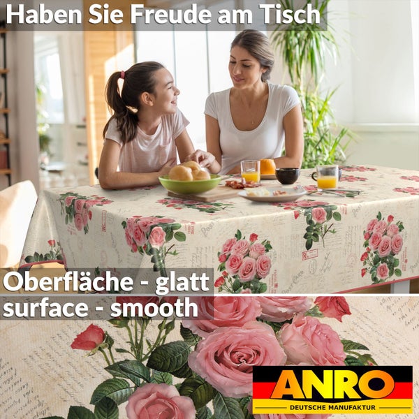 Mutter und Tochter sitzen an einem Tisch mit einer Tischdecke mit Rosenmuster. ANRO Logo.