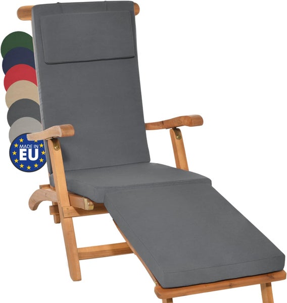 Holz-Gartenliege mit grauer Polsterauflage, Kopfkissen und verstellbarer Fußstütze, hergestellt in der Europäischen Union.
