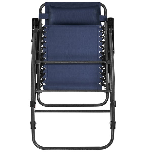 Zusammengeklappter Garten-Relaxsessel mit dunkelblauem Textilbezug, Metallgestell und Kopfkissen.