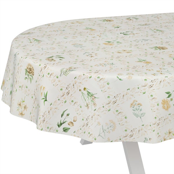 Runde Tischdecke mit floralem Muster aus Wildblumen und Blättern.