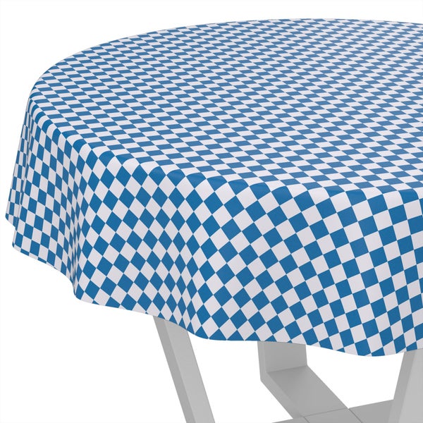 Runde Tischdecke mit blau-weißem Rautenmuster im bayerischen Stil.