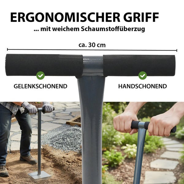 Ergonomischer Stampfergriff mit weichem Schaumstoffüberzug, circa 30 Zentimeter lang, für gelenkschonendes und handschonendes Arbeiten