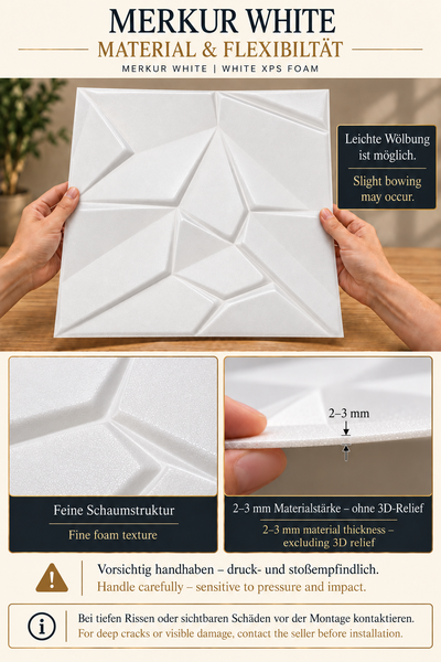 Wandpaneel Merkur White aus XPS Schaum mit geometrischem Relief, Materialinformationen zur Stärke, Textur und Handhabungshinweise.