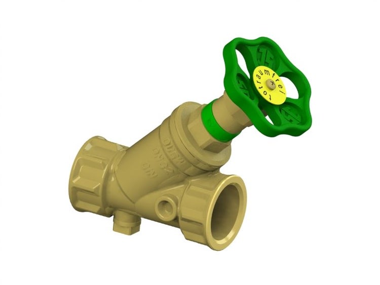 KFR-Ventil DN 32, Schrägsitzventil aus Messing, totraumfrei mit Entleerung.