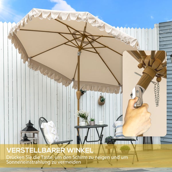 Outsunny Sonnenschirm mit verstellbarer Neigung, Strandschirm mit Fransen, 8 Streben, für Garten, Balkon, Ø264 cm, Polyester, Stahl, Khaki