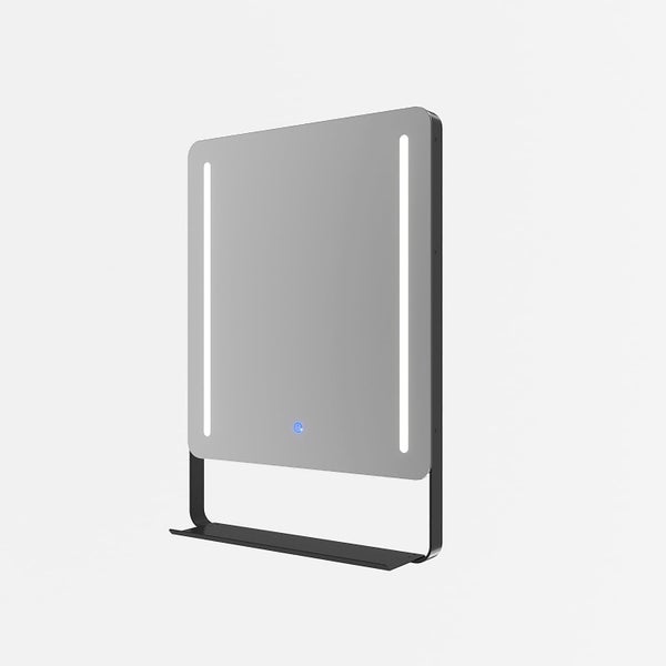Rechteckiger Badezimmerspiegel mit integrierter LED Beleuchtung und Ablage auf einem schwarzen Metallgestell
