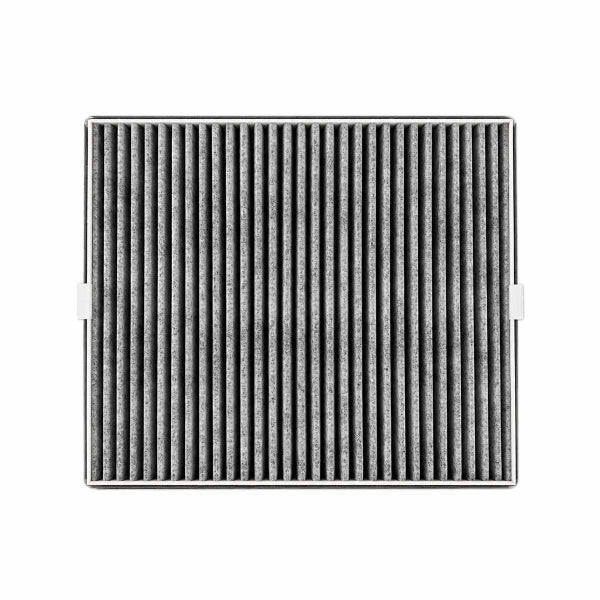 Quadratischer Aktivkohlefilter für Luftreiniger oder Lüftungssysteme mit plissiertem Filtermaterial.