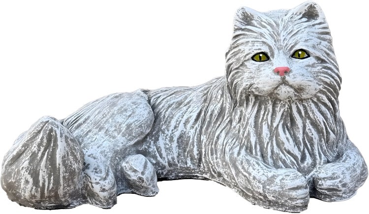 Dekorative Gartenfigur in Form einer liegenden langhaarigen Katze aus Stein
