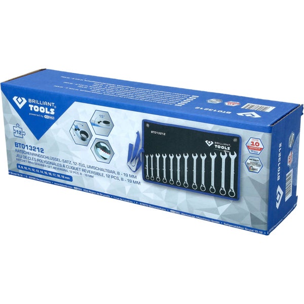 Brilliant Tools Ratschenringschlüssel Satz im Karton, 12-teilig, Größen 8 bis 19 Millimeter