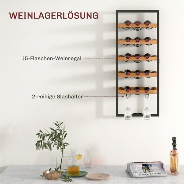 HOMCOM Weinregal Wand Flaschenregal für 15 Flaschen mit 5 Ebenen, Glashaltern Flaschenhalter für Küche, Bar, Esszimmer, Holz Braun