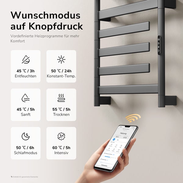 Elektrischer Handtuchheizkörper mit App Steuerung und vordefinierten Heizprogrammen wie Entfeuchten, Trocknen und Schlafmodus.