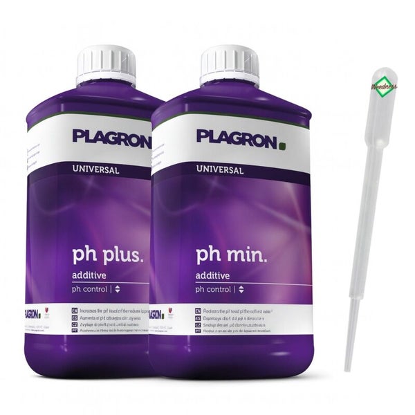 Zwei Flaschen Plagron Universal pH-Regulierungsadditive und eine Pipette