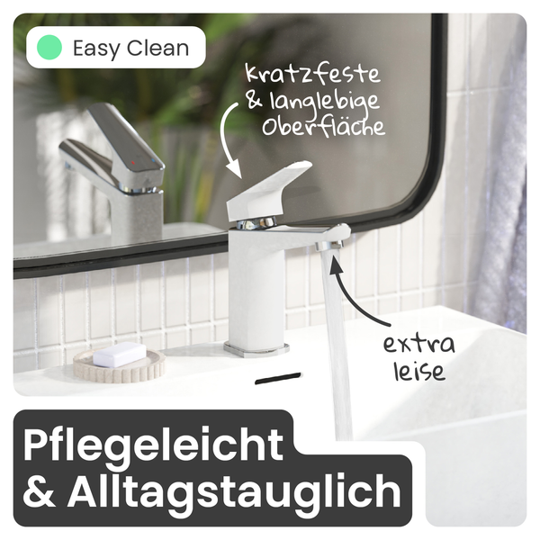 Waschtischarmatur mit pflegeleichter und alltagstauglicher Oberfläche