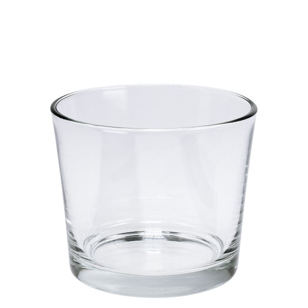 Orchideentopf aus klarem Glas in zylindrischer Form.