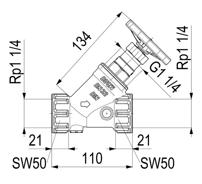 Technische Zeichnung eines Freistromventils mit Maßangaben in Millimeter und Gewindegrößen Rp 1 1/4 Zoll und G 1 1/4 Zoll.