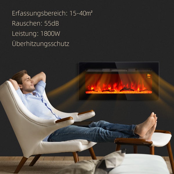 Mann entspannt sich in einem Sessel vor einem elektrischen Kamin mit Überhitzungsschutz, 1800 Watt Leistung und einem Erfassungsbereich von 15 bis 40 Quadratmetern.