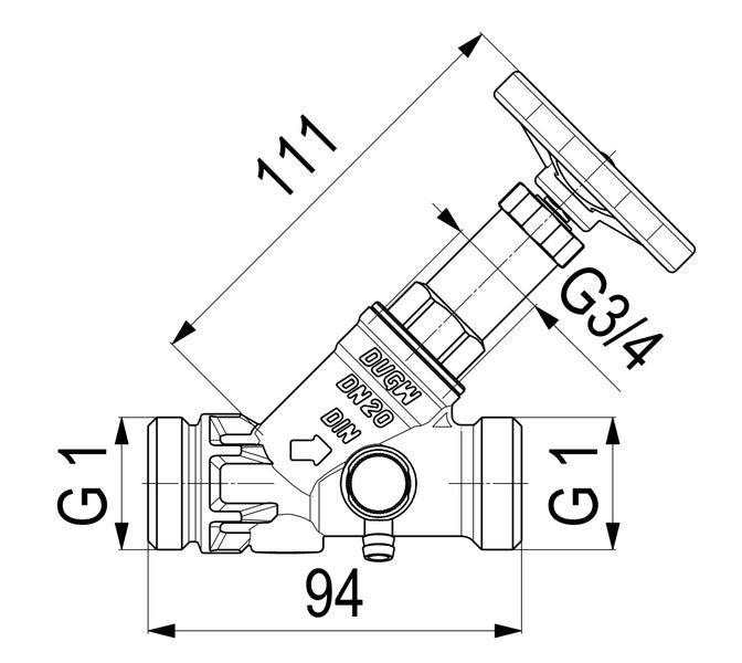 Technische Zeichnung eines Freistromventils mit Handrad, Nennweite 20, G 1 Anschlüssen, Baulänge 94 Millimeter und Höhe 111 Millimeter.