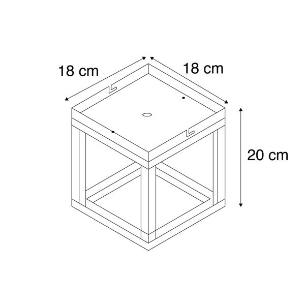 Technische Zeichnung eines Hockers mit den Maßen 18 mal 18 mal 20 Zentimeter