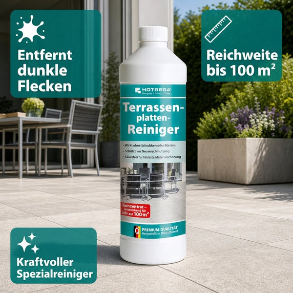 Hotrega Terrassenplattenreiniger Konzentrat zur Beseitigung dunkler Flecken auf Steinplatten mit einer Reichweite von bis zu 100 Quadratmeter.
