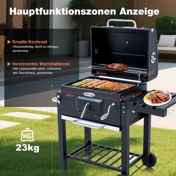 Schwarzer Holzkohlegrill mit Warmhalterost und Seitenablage