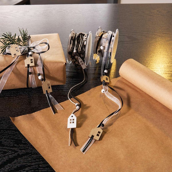 FRANK FLECHTWAREN | Geschenkband Häuschen, 2er Set, ORGANZA, HOLZ, KUNSTLEDER, SISAL, Länge 3 Meter