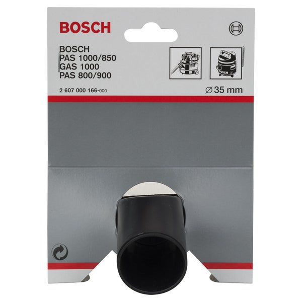Bosch Logo. Schwarzer Kunststoff-Staubsaugeradapter, 35 Millimeter Durchmesser, für PAS und GAS Modelle.