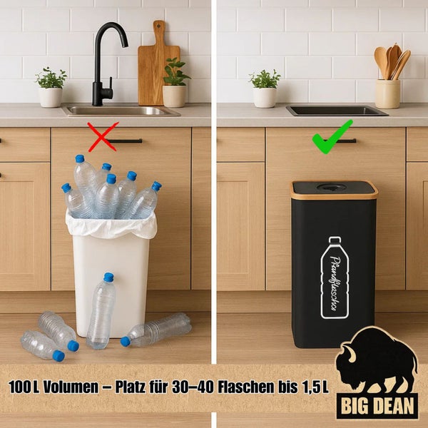 Abbildung von zwei Mülleimern in einer Küche, einer mit einem roten Kreuz, der andere mit einem grünen Haken, zur Illustration der korrekten Mülltrennung von Pfandflaschen.