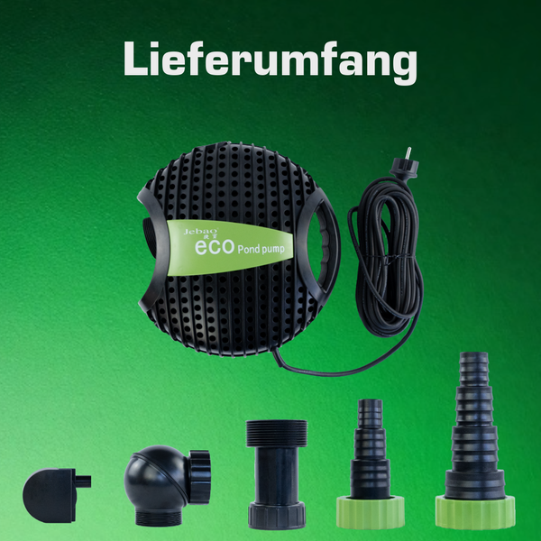 Lieferumfang der Jebao eco Teichpumpe mit Netzkabel und verschiedenen Schlauchanschlüssen aus Kunststoff.