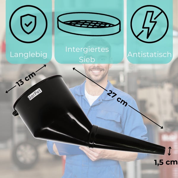 Schwarzer GarPet Trichter mit integriertem Sieb und den Maßen 13 cm, 27 cm und 1,5 cm. Das Produkt ist langlebig und antistatisch.