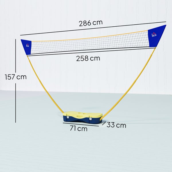 Tragbares Badminton- und Volleyballnetz-Set mit Standfuß, der als Koffer dient. Höhe 157 Zentimeter, Breite 286 Zentimeter. HOMCOM Logo.