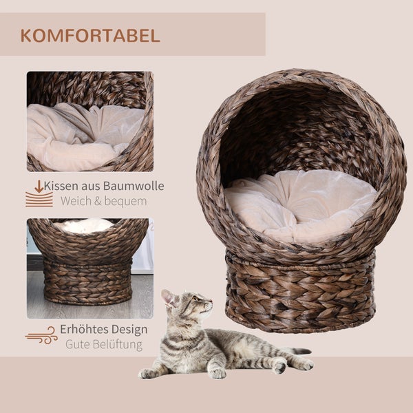 PawHut Rattan Katzenkorb, 50 x 42 x 60 cm, Wasserhyazinthe, Braun
