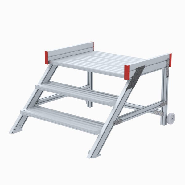 Aluminium-Arbeitspodest mit drei Stufen und Transportrollen.
