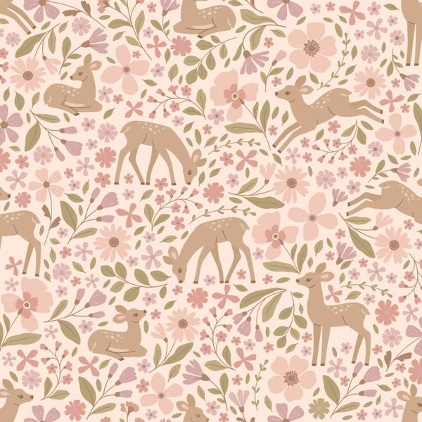 Tapete mit einem verspielten Muster aus jungen Rehen, Blumen und Blättern für eine kindgerechte Wandgestaltung.