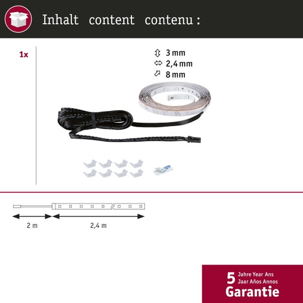 Lieferumfang LED-Streifen-Set: 2,4 Meter langer LED-Streifen, 2 Meter langes Kabel, 8 Montageclips und 5 Jahre Garantie.