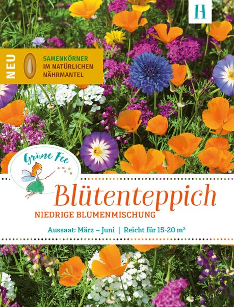 Samentüte Grüne Fee Blütenteppich, niedrige Blumenmischung für 15 bis 20 Quadratmeter, Samenkörner mit Nährmantel, Aussaat März bis Juni.