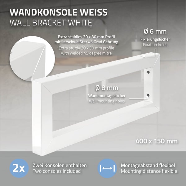 ML-Design 2er Set Wandkonsole für Waschtisch, 400x150 mm, Weiß, Stahl, Design Waschtischhalterung, Wandhalterung Unterbau für Waschtischplatte, Konsolenträger Regalträger Regalhalter Handtuchhalter