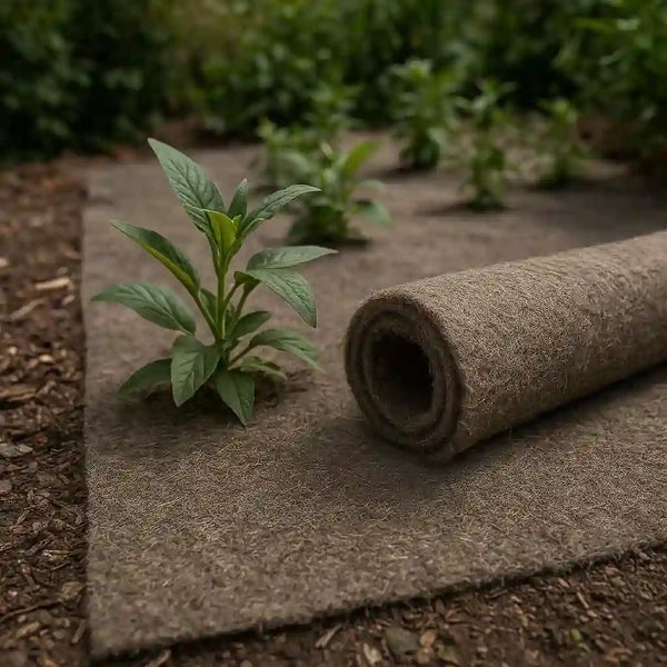 Eine Rolle Unkrautvlies aus Naturfasern liegt auf einer Gartenfläche mit Pflanzen.