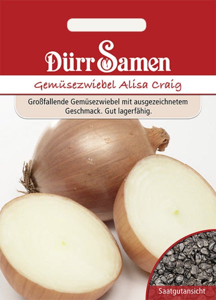 Samentüte mit Dürr Samen Logo, Gemüsezwiebel Alisa Craig, Abbildung einer ganzen Zwiebel, Zwiebelhälften und Saatgutansicht.