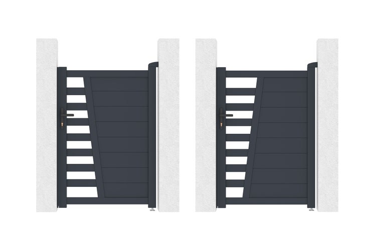 Zwei moderne Gartentore aus Aluminium in Anthrazit mit horizontalen Lamellen und asymmetrischem, teiloffenem Design zwischen Pfeilern.