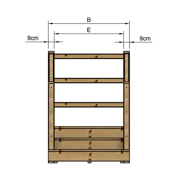 Abmessungen eines Holzregals mit den Markierungen B, E und 9 Zentimeter.
