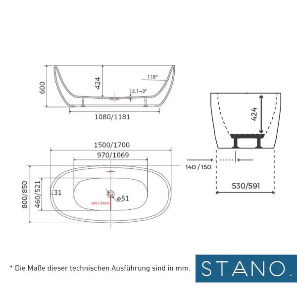 Technische Zeichnung einer freistehenden Badewanne mit Maßangaben in Millimeter für die Modellreihe Stano.